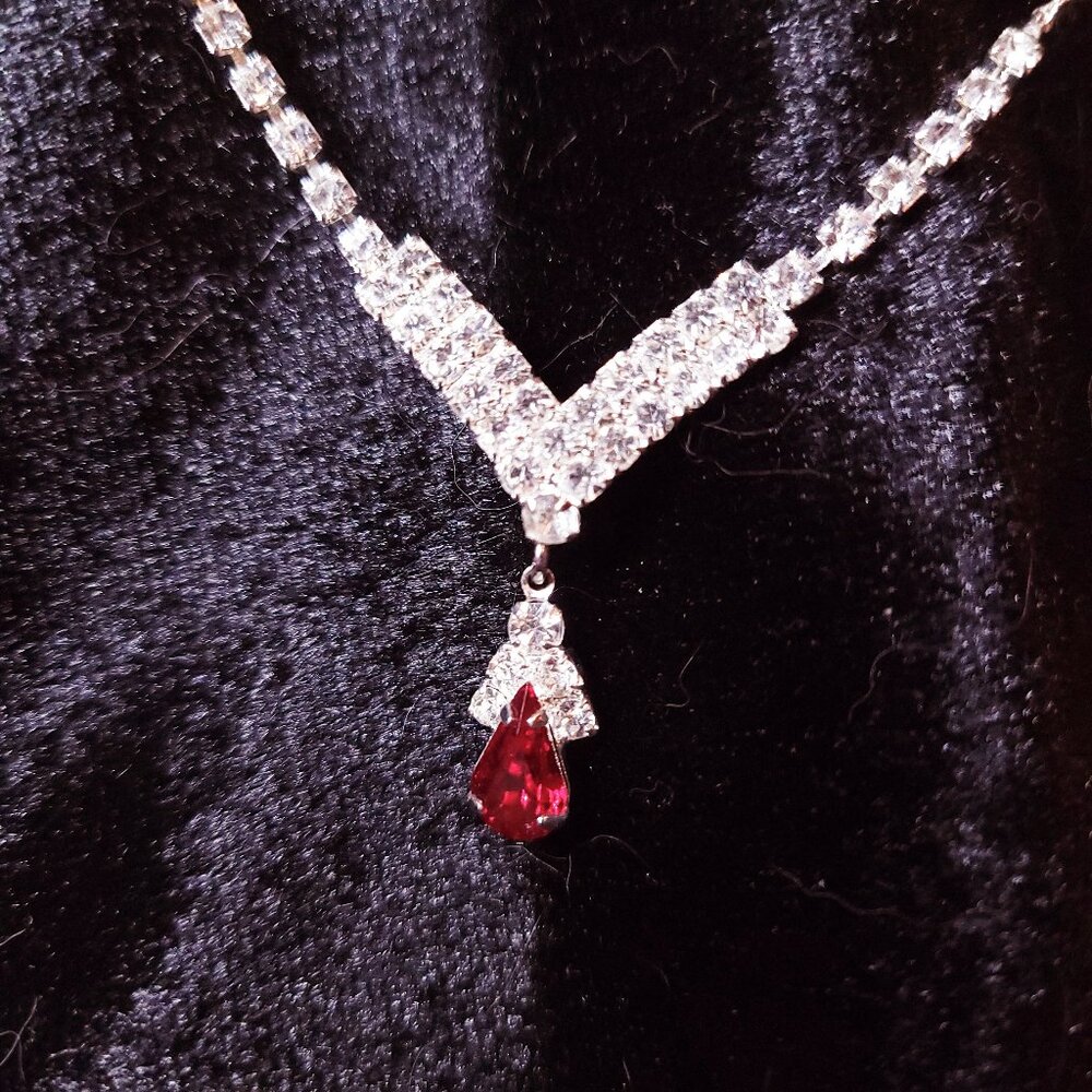 Rhinestone Necklace with Clear Stone Chevron and Red Tear Drop